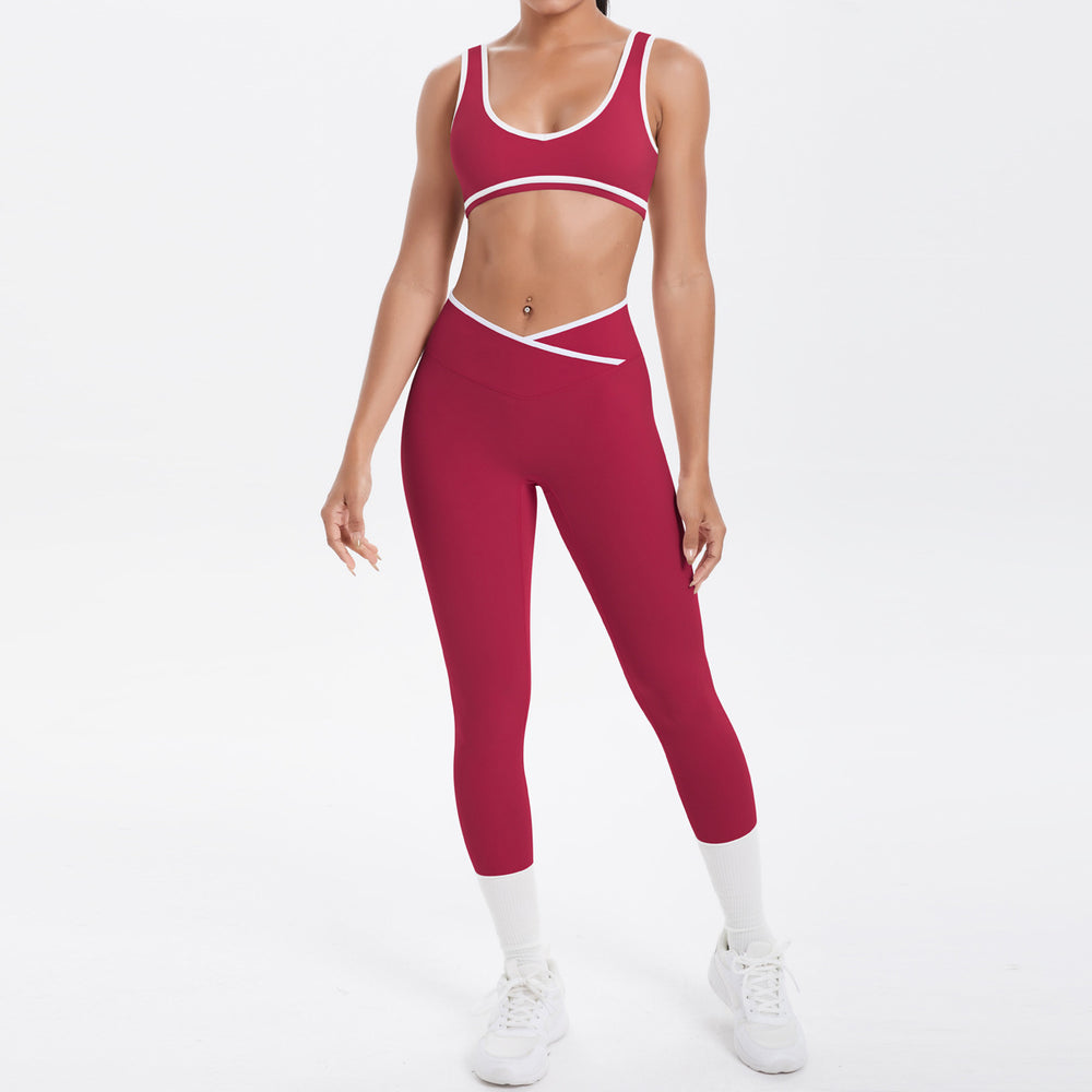 New arrival cross-border brushed contrast color tight breathable cross wide-leg yoga suit sports running fitness two-piece set