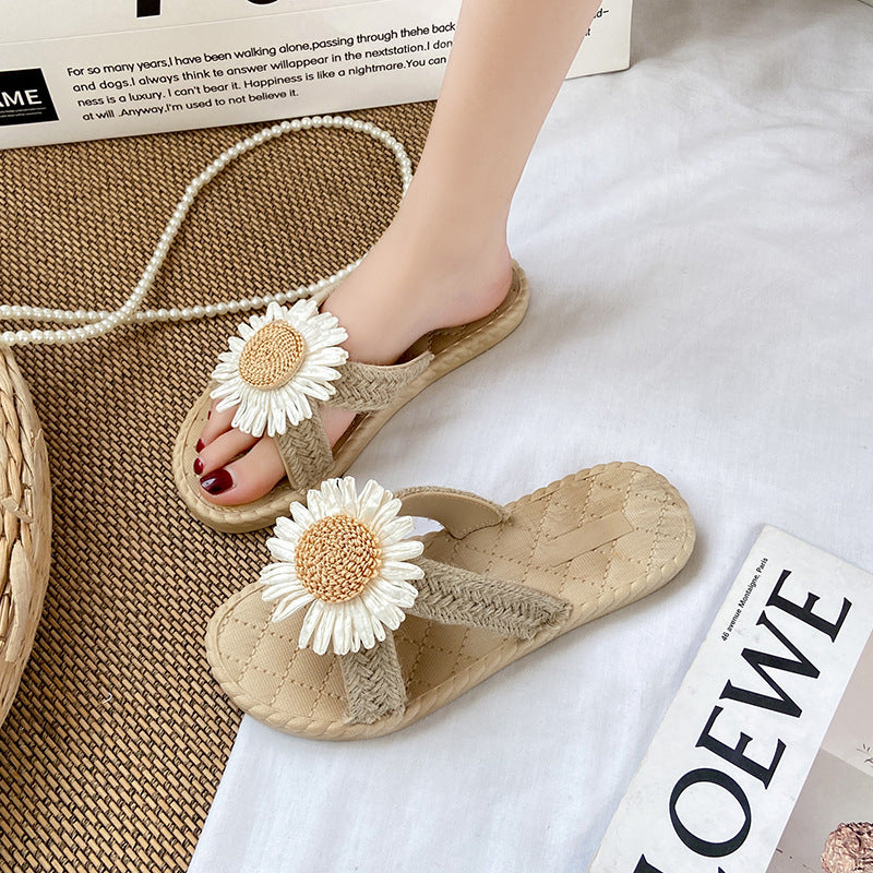 Sunflower slides women's flat outdoor wear imitation straw weaving travel beach shoes summer new anti-slip slippers women