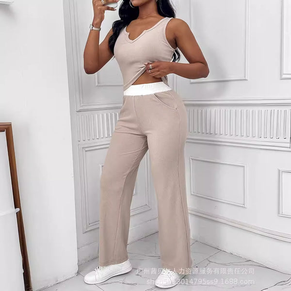 ODF4132 European and American contrasting color splicing v-neck casual set 2-piece set
