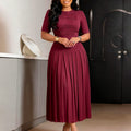 C8666  foreign trade women's fashion european and american  new pleated round neck patchwork crinkle cross-border dress