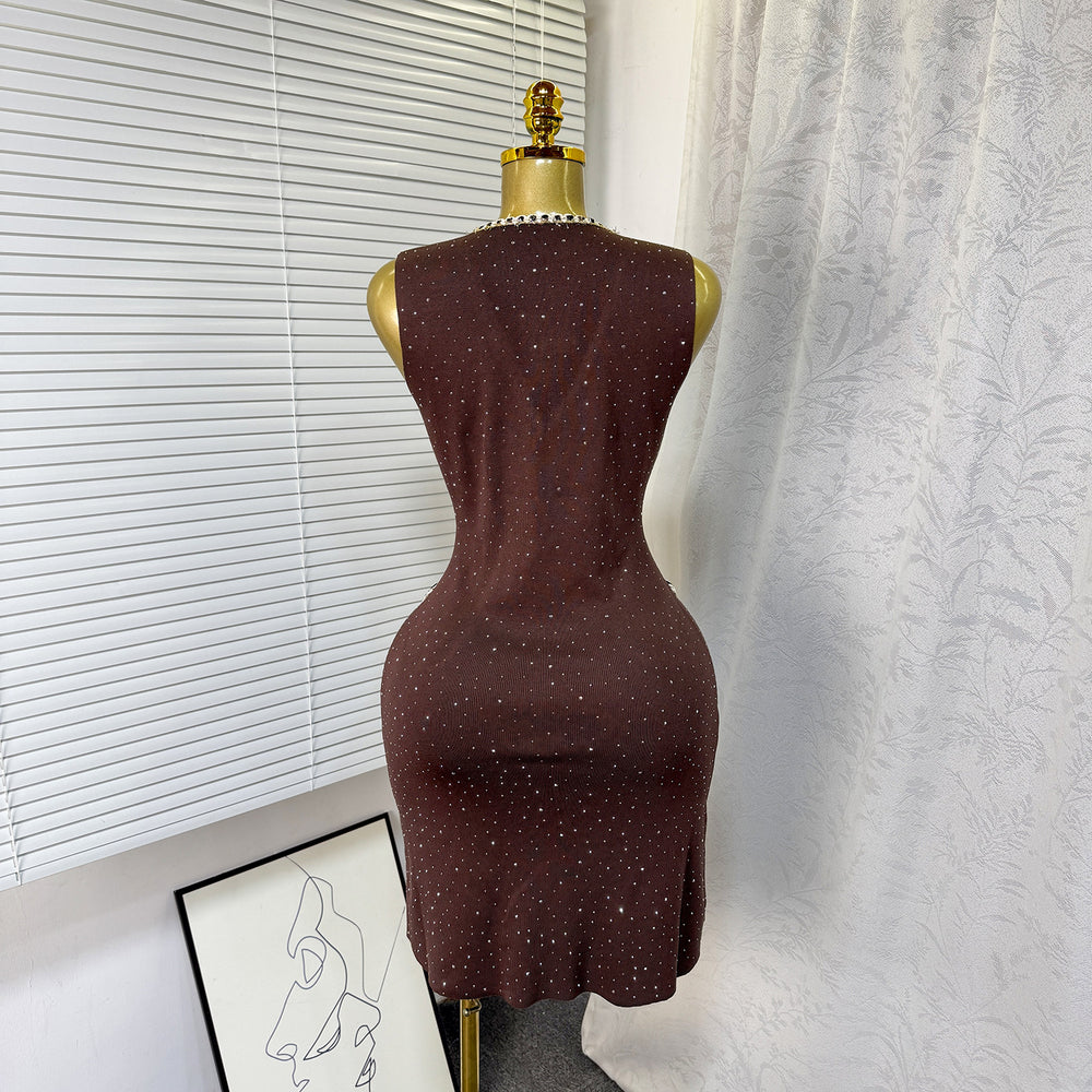 export tweed style sleeveless fine glitter knittingdress women's hot diamond button waist slimming lookknitting short skirt