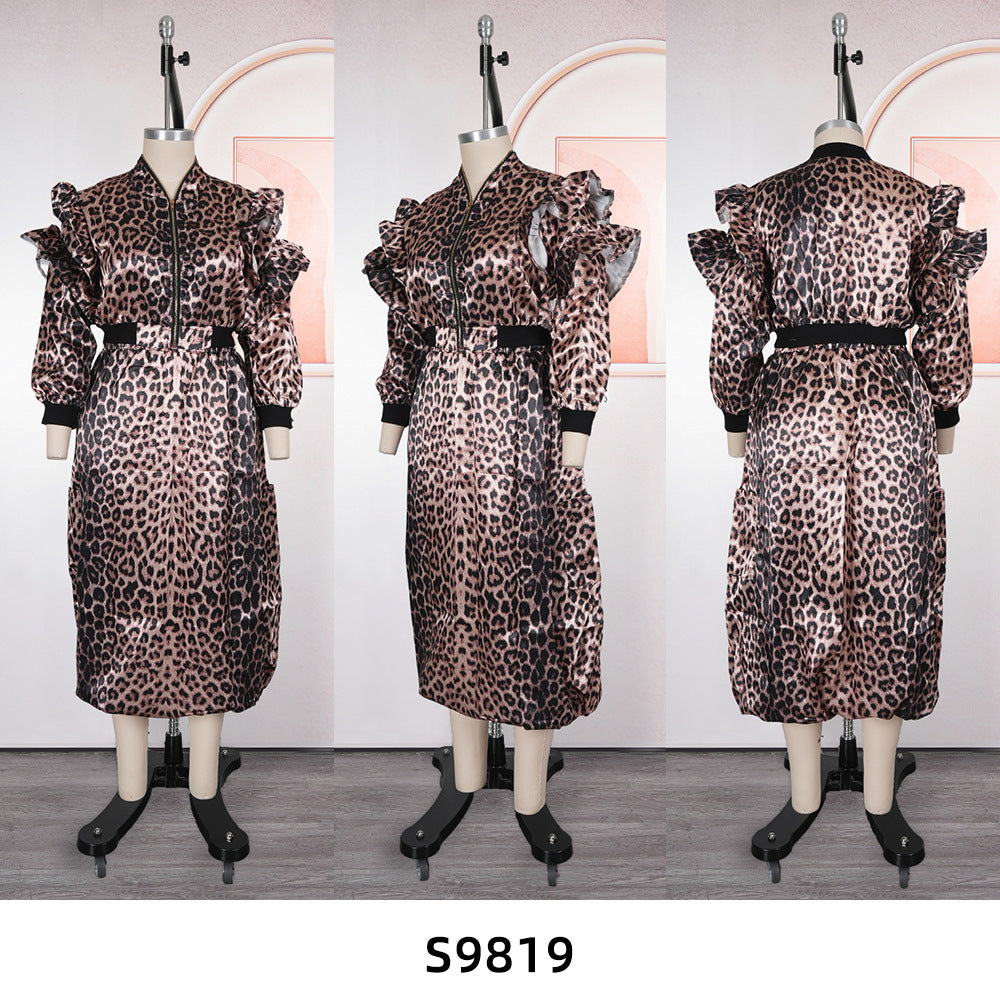 Aliexpress cross-border: plus size african women's leopard print top & skirt two-piece set with pockets