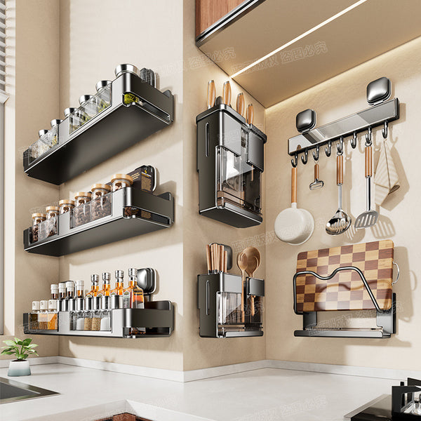 Kitchen Gun Ash Suction Cup Shelf Household Wall Hanging No Punching Knife Holder Pot Lid Holder Seasoning Storage Set