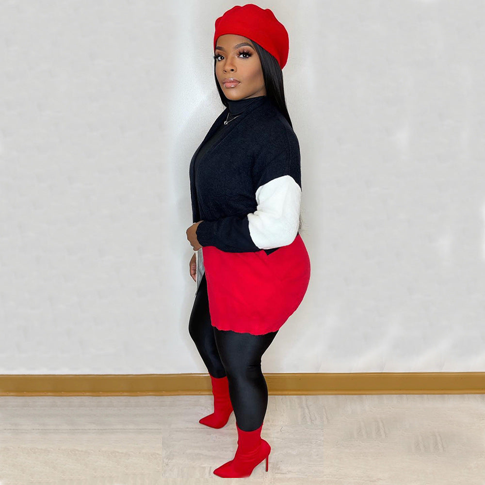 European and american cross-border women's clothing:  &  street style color block knit cardigan long sleeve sweater jacket