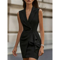 Shipped: new european and american cross-border solid color sleeveless blazer collar slimming dress