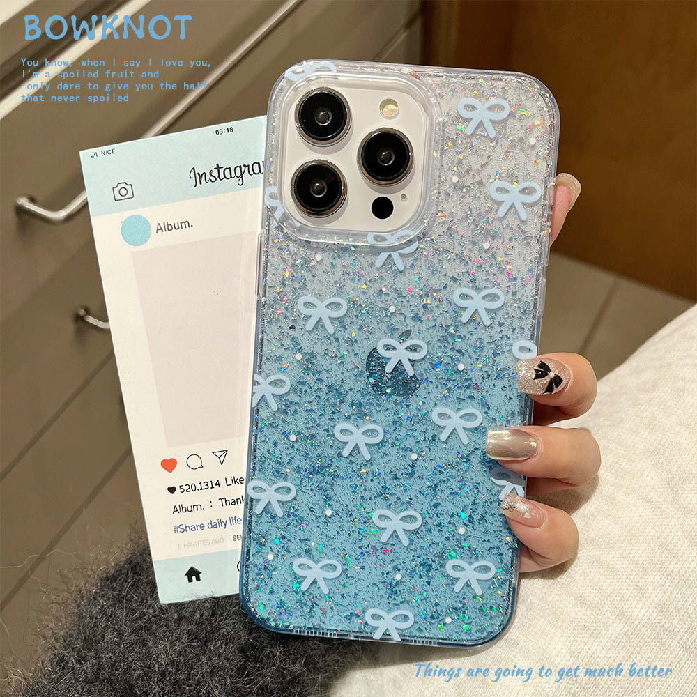 Glue glitter powder suitable for iphone16promax simple bow mobile phone case apple 12 large hole protective cover 15