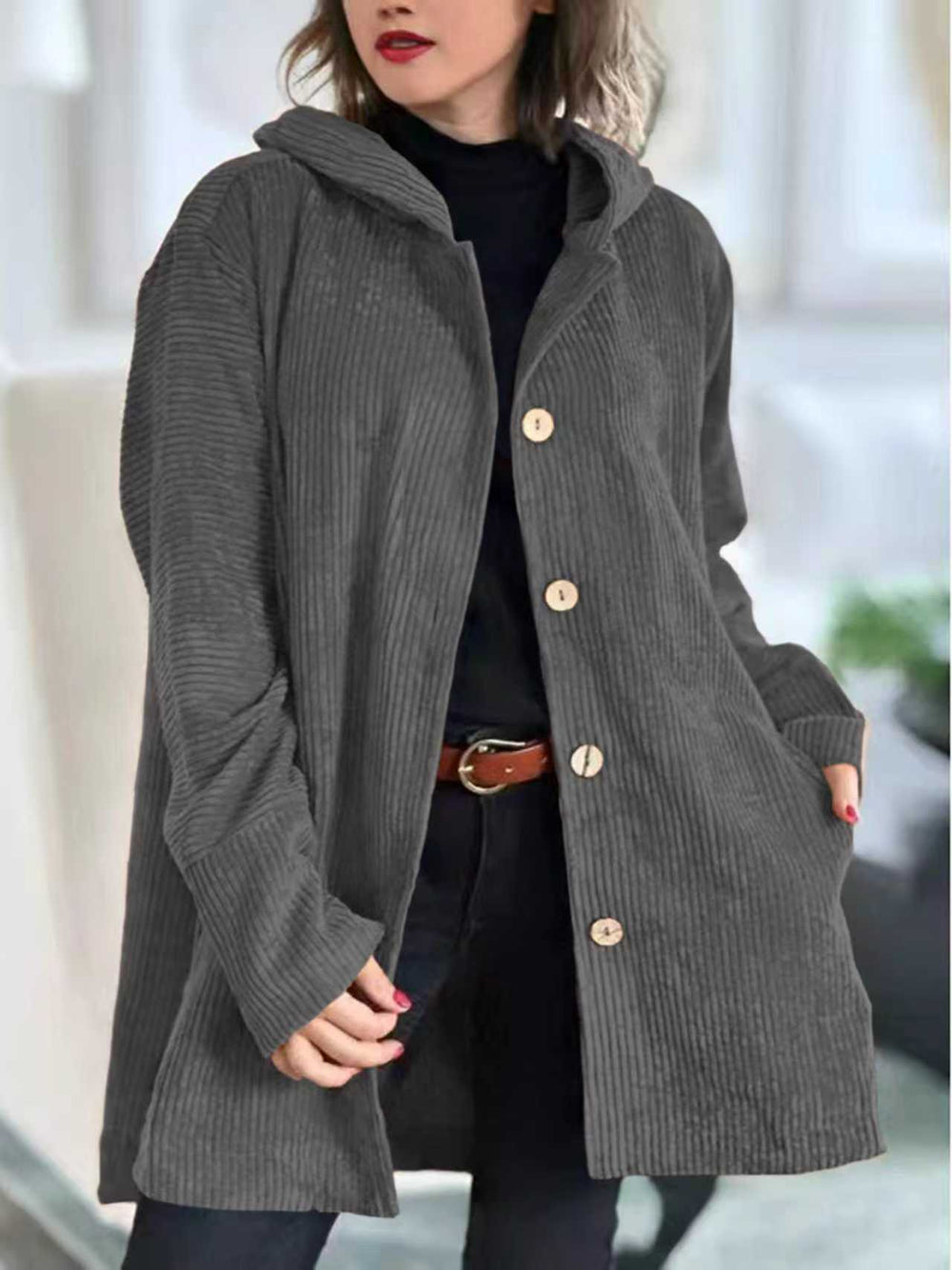 cross-border fashion women's autumn/winter new arrivals: -style hooded, loose-fit corduroy casual jacket for women