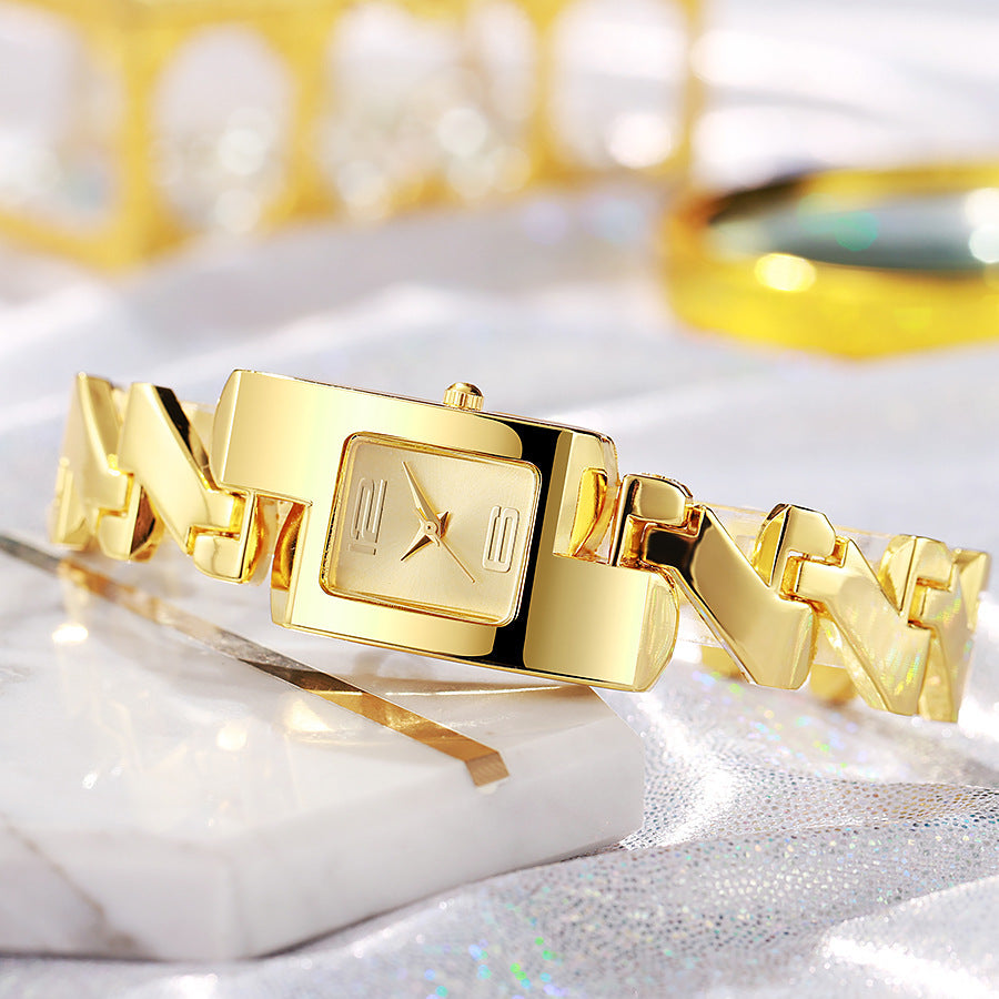 Women's 1pcs/set fashion vintage classic gold alloy yellow square watch with diamond-accented hollow bracelet watch