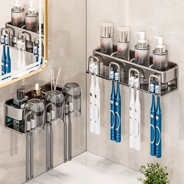 Gun Ash Bathroom Mouthwash Cup Electric Toothbrush Shelf Toilet Tooth Cup Toothpaste Shelf Household Wall Hanging No Punching