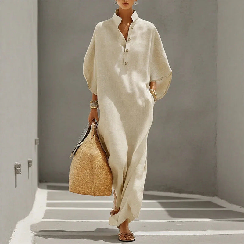 fashion women's summer fashionloose stand collar buttons mid-sleeve long vacation style shirt dress