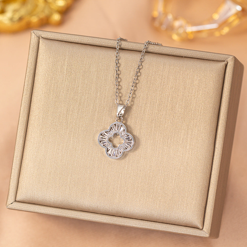 [titanium steel] best selling accessible luxury copper inlaid zirconium four-leaf clover necklace for women, non-fading, fashionable, versatile, high-end clavicle chain