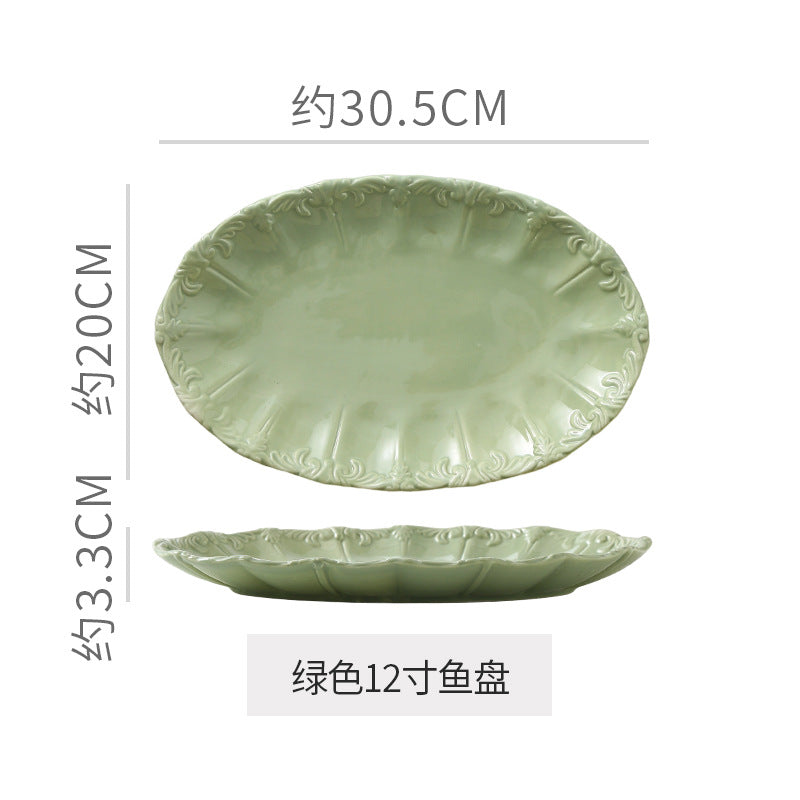 Embossed retro ceramic dinnerware set - french style, high-end steak plates, dessert plates, and salad bowls for home use