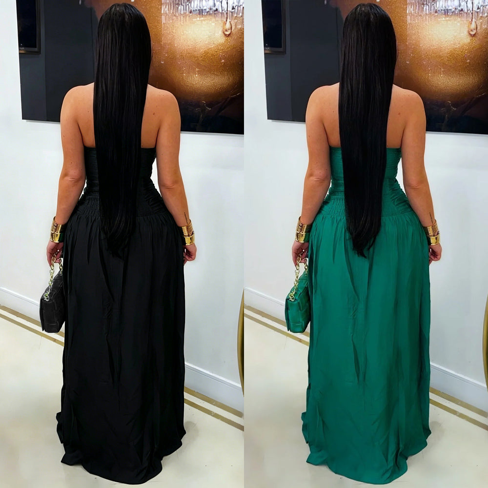 C7762 cross-border  new arrival: halter neck cutout tie-up party evening dress - satin side slit dress