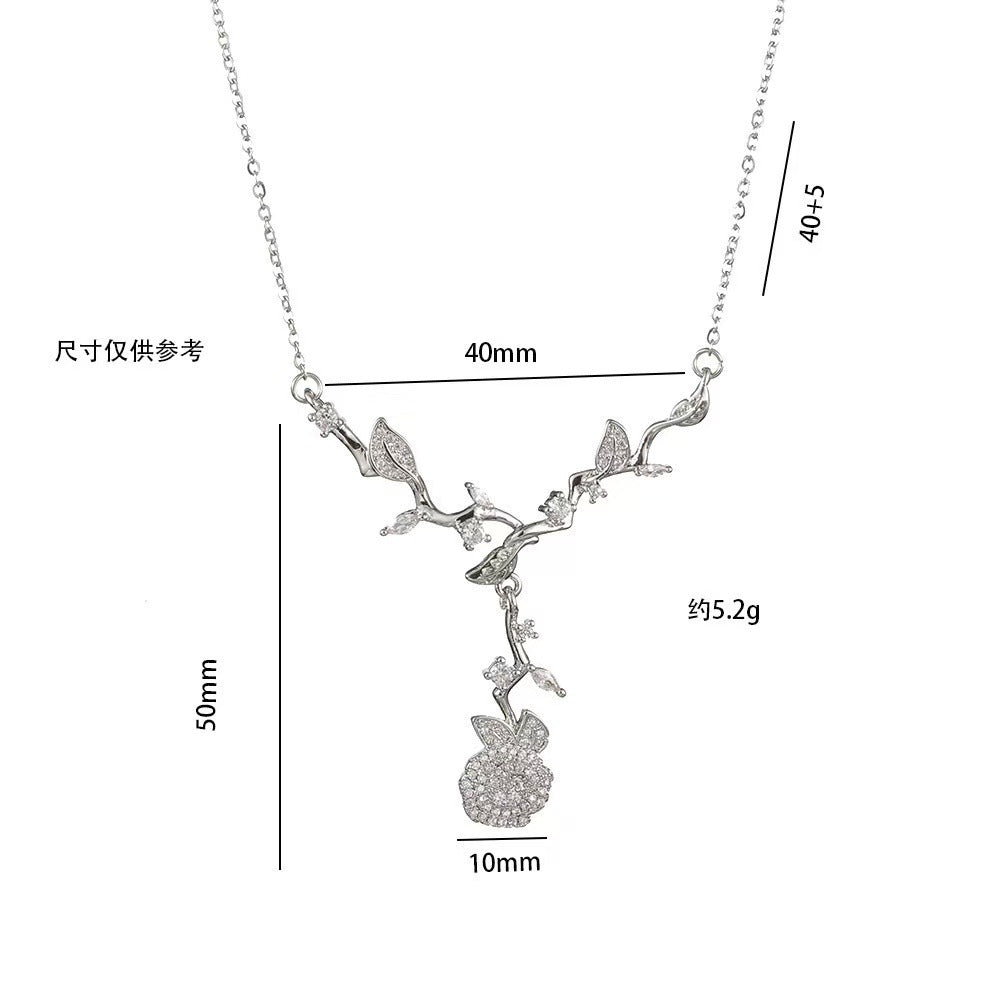 [titanium steel] gorgeous full diamond rose copper inlaid zirconium necklace light luxury niche high-end collarbone chain earrings set