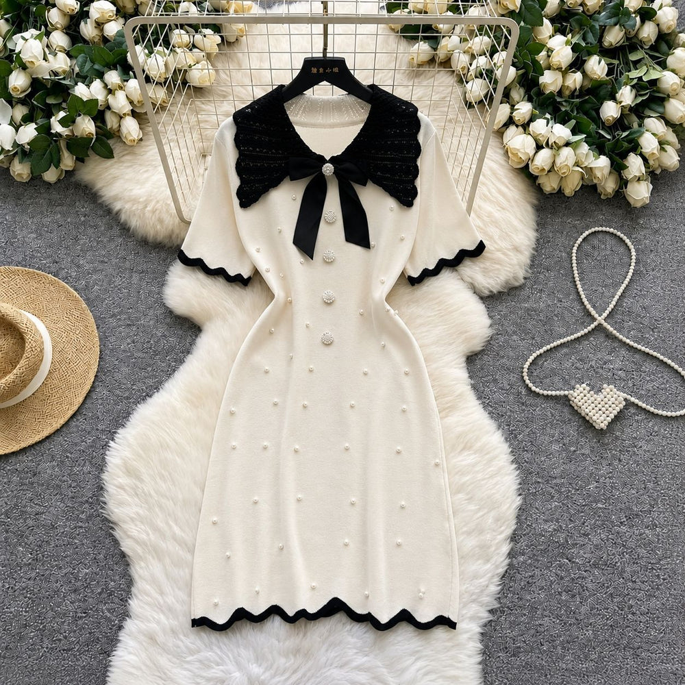 Export cross-border doll collar sweetbowsknittingdress women's summer pearl decoration waist work clothing a-line skirt