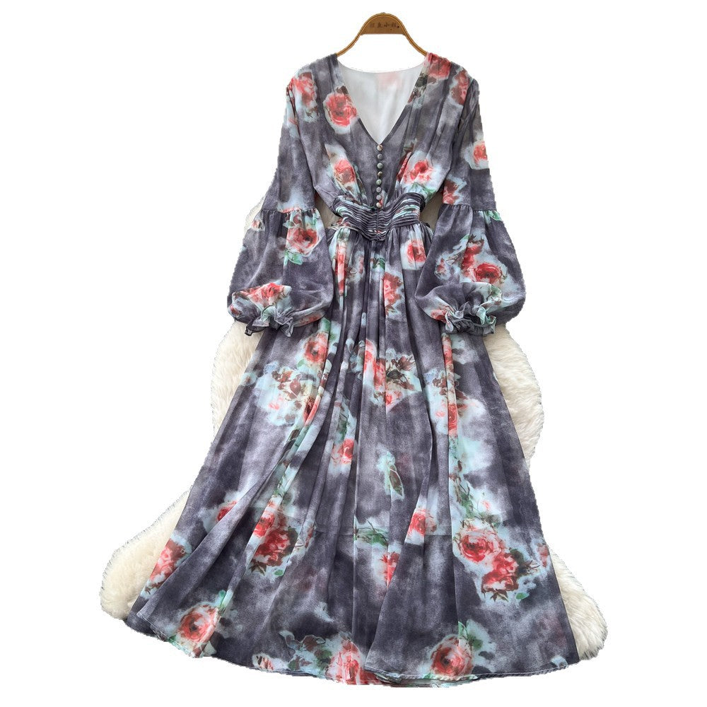 French chic floral print dress - women's v-neck puff sleeve, slimming waist, elegant maxi dress - perfect for vacation