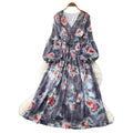 French chic floral print dress - women's v-neck puff sleeve, slimming waist, elegant maxi dress - perfect for vacation