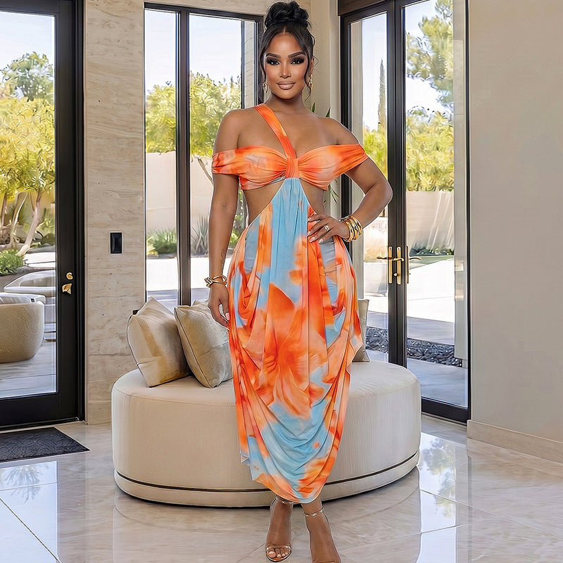 Fashion styleexportsummerprinting women's cool color matching chest wrap hip skirt home oblique collar backless long dress
