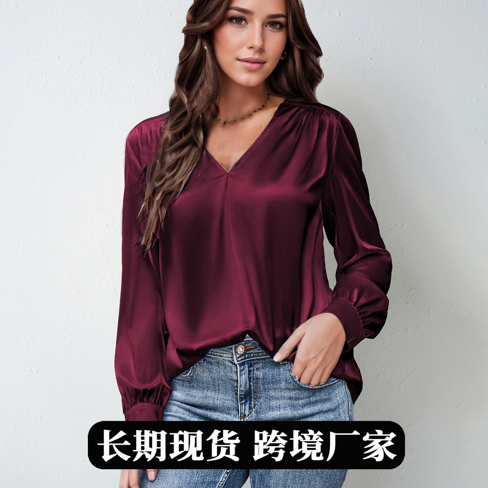 hot-selling women's satin ruched long sleeve top - v-neck casual loose satin commute blouse