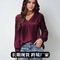 hot-selling women's satin ruched long sleeve top - v-neck casual loose satin commute blouse