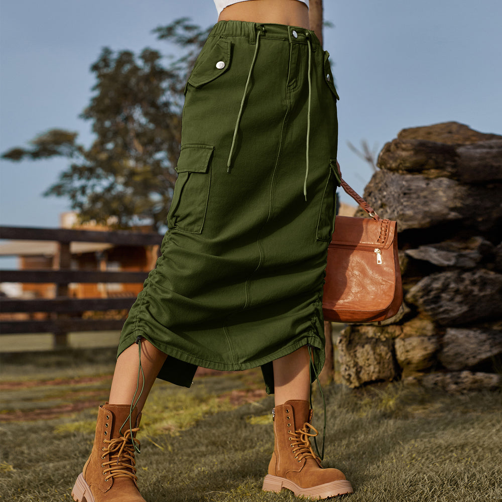 American cross-border foreign trade unique  new arrival drawstring elastic waist workwear skirt casual mid-length skirt trendy women