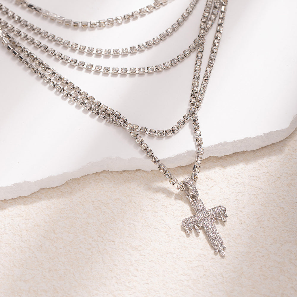 Full diamond cross pendant necklace wholesale fashion cross-border accessible luxuryclassy sense accessories women's stylish stacked clavicle chain