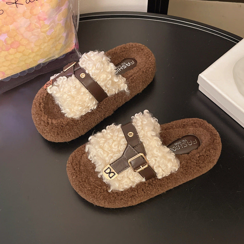 One-line fur slippers for women fashionthick sole belt buckle height-increasing outwear slippers easiest for match home stuffed soft bottom slippers