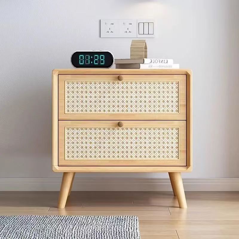 Rattan bedside table wooden cherry color walnut color log color scandinaviancasual style mini solid wood storage cabinet