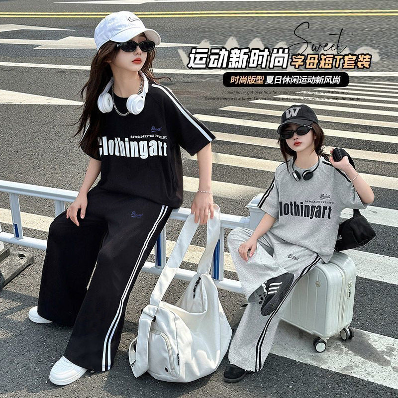 Girls' summer outfit set  new korean style chic lightweight two-piece set for older girls and children's casual sportswear
