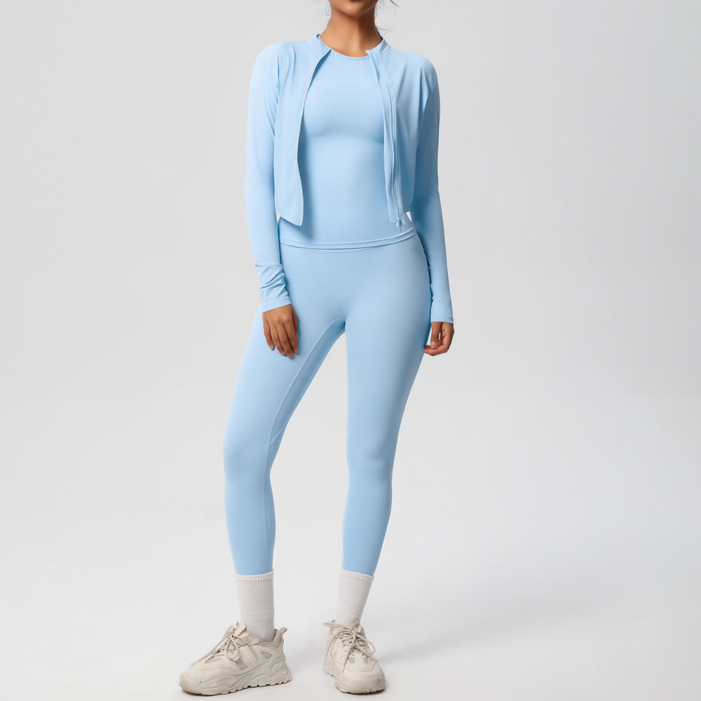 Ready-to-ship cross-border double-sided brushed microfiber seamless, breathable, and skin-friendly three-piece activewear set for women, perfect for running, fitness, and yoga