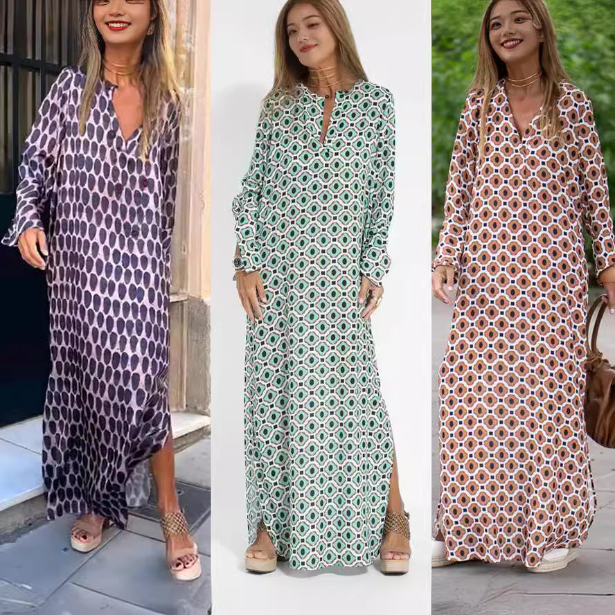 Cross-border Jinghu District Muse Fan Polyester Split Split Pullover Long Sleeve Split V-Neck Skirt Skirt Lining Long Dress