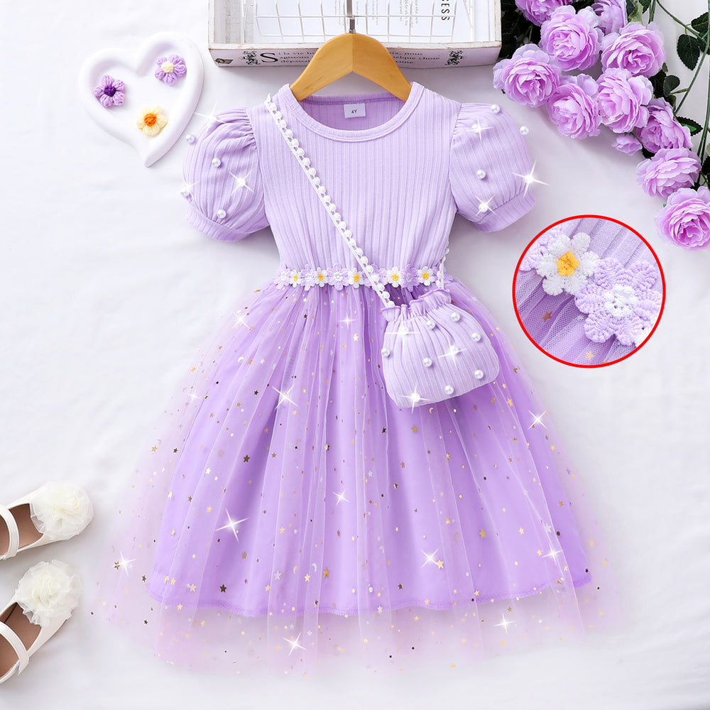Girls' ribbed knit & mesh patchwork dress with crossbody bag (toddler/little kid)