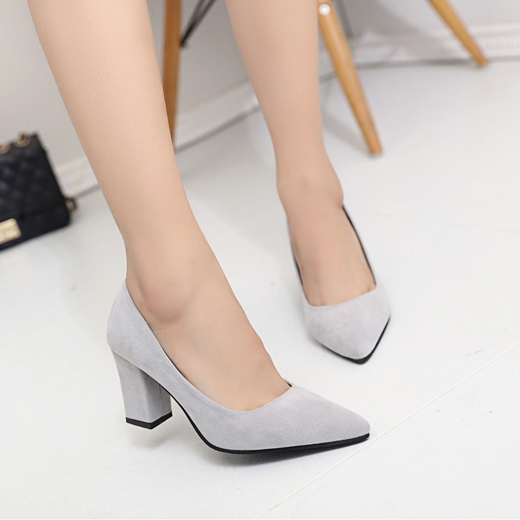Large size new low-top work women's shoes autumn trimming leather thick heel solid color light mouth PU cover foot pointed high heel women's shoes