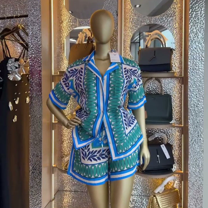 European and american cross-border women's clothing  summer new collection: casual vacation style printed loose-fit shirt and high-waisted shorts set