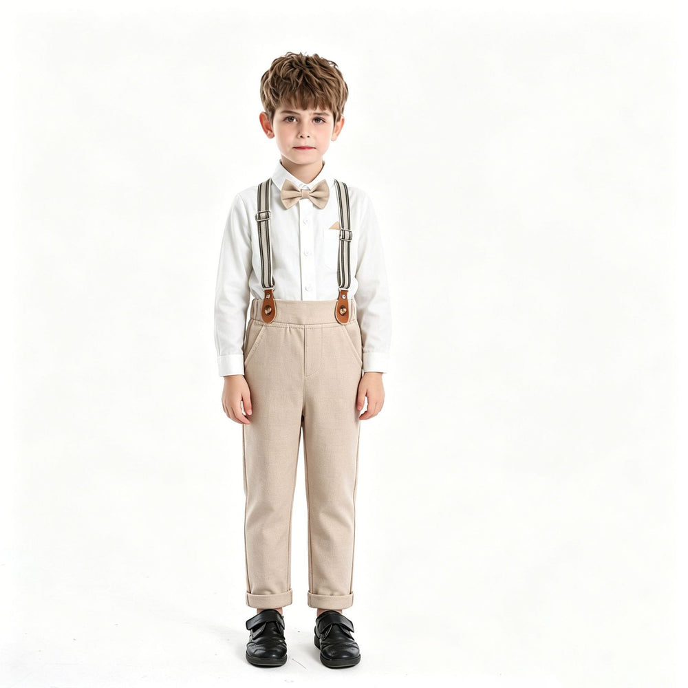 Handsome boyssummersuitwhitelong sleevesshirt suspenderspantstwo-piece setbaby boybirthday dress