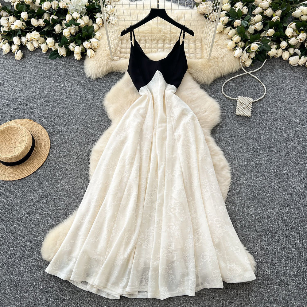 Atmosphere elegant french suspender dress for women  spring clothing sense of designcontrast colorpatchworkhigh waist holiday long skirt