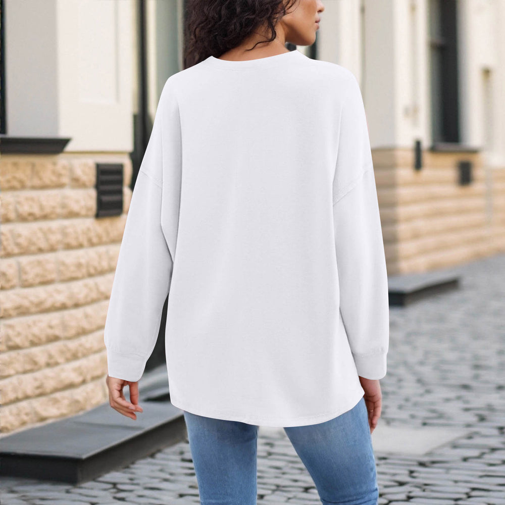 cross-border new women's fashion casual solid color v-neck long sleeve top hoodless sweatshirt