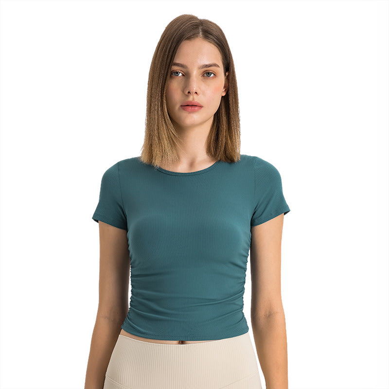Spr ribbed micro-pleated waist short sports short-sleeved high-elastic naked-slim silmslimming look yoga topsds374