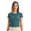 Spr ribbed micro-pleated waist short sports short-sleeved high-elastic naked-slim silmslimming look yoga topsds374