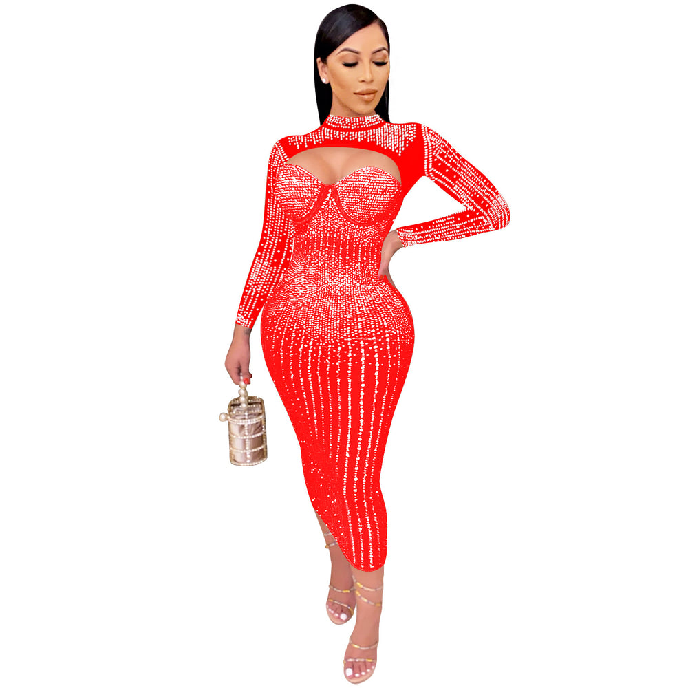 C5842 cross-border new arrival: european and american fashion women's party nightclub mesh see-through rhinestone embellished strappy dress