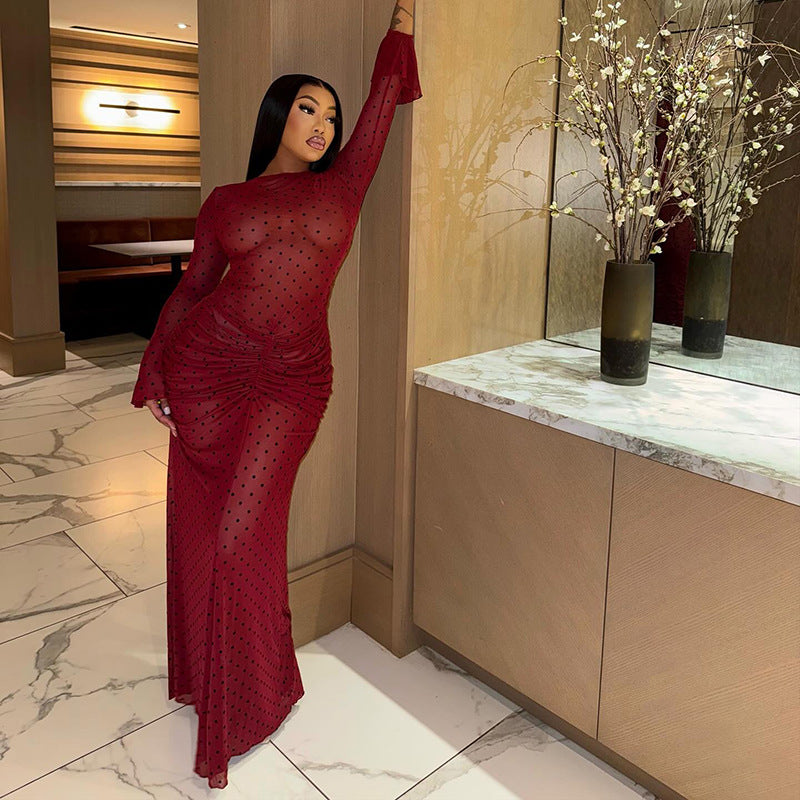 European and american style cross-border chic women's pleated print polka dot bodycon mini dress - round neck long sleeve party dress