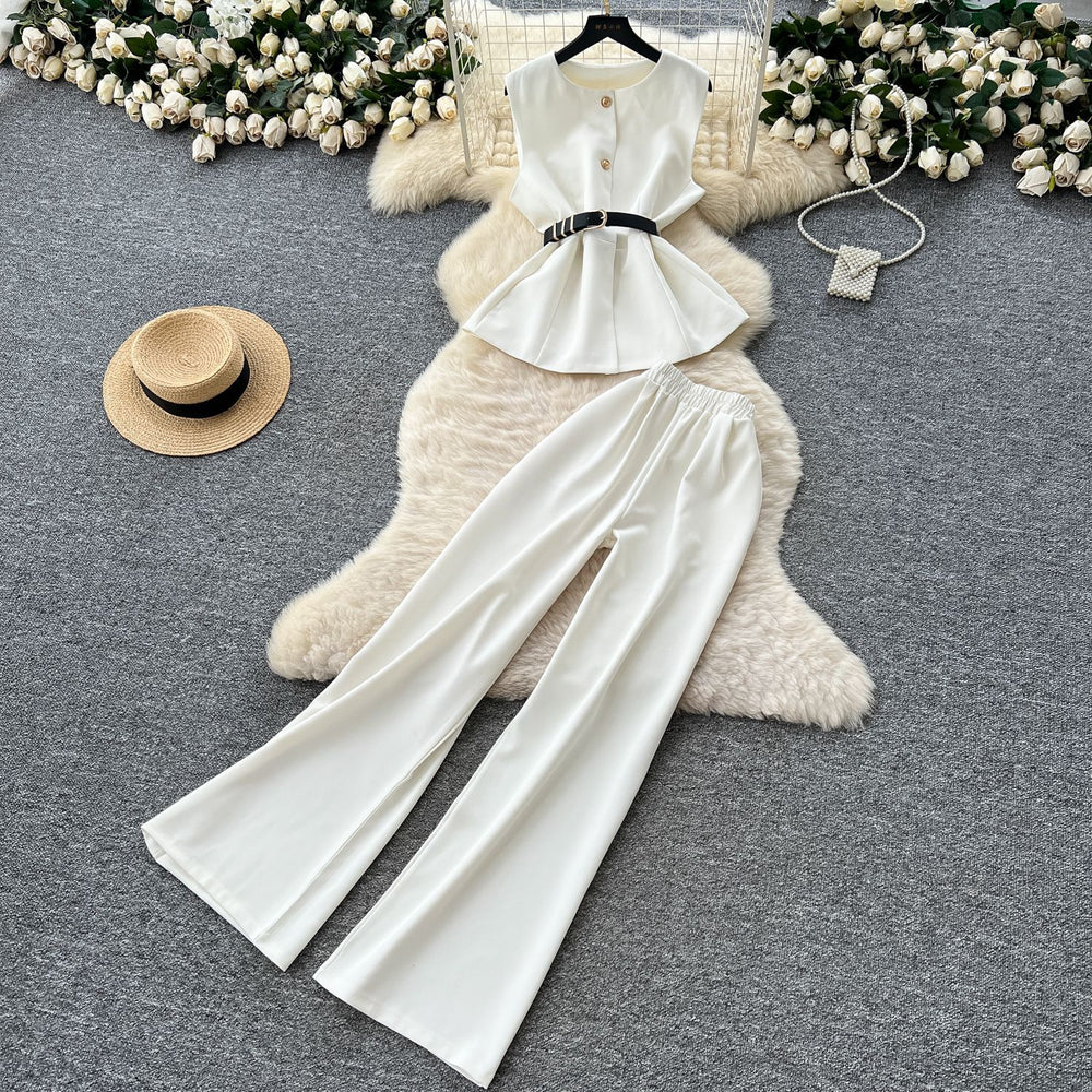 Accessible luxury british classy sense royal sister suit women's summer belt sleeveless tops + elastic waist drapedilm long pants