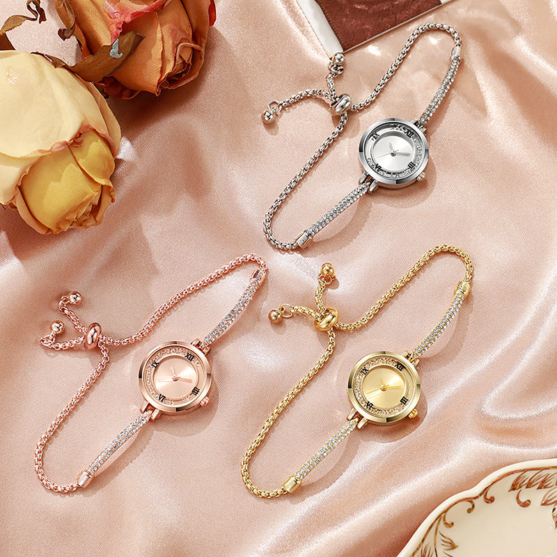 girls watch with small diamonds round preppy style elegant dial decoration lazy pull-out small bracelet women's watch
