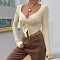 european and american women's clothing  fall/winter new slim-fit v-neck twist knit fashion crop top long sleeve top