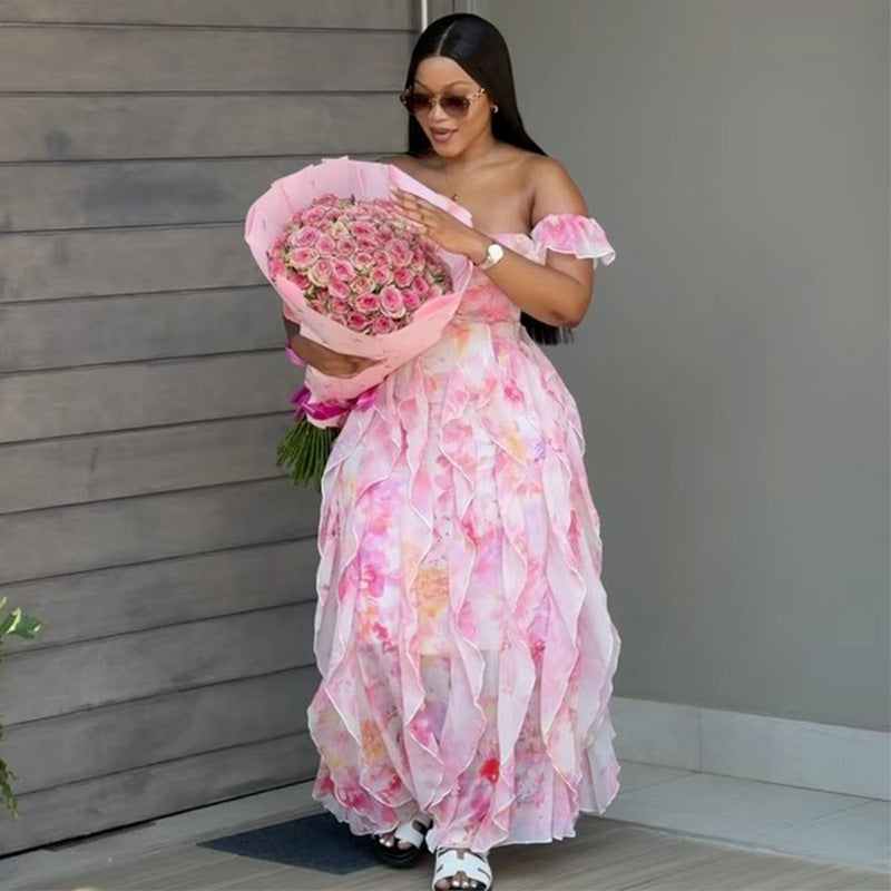European and american cross-border women's clothing:  summer new arrivals - elegant, fresh, beach-resort style ruffle-trimmed floral dress