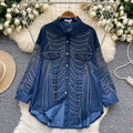 European fashion diamond-embellished long-sleeve shirt for women,  new arrival, relaxed fit, casual loose single-breasted top