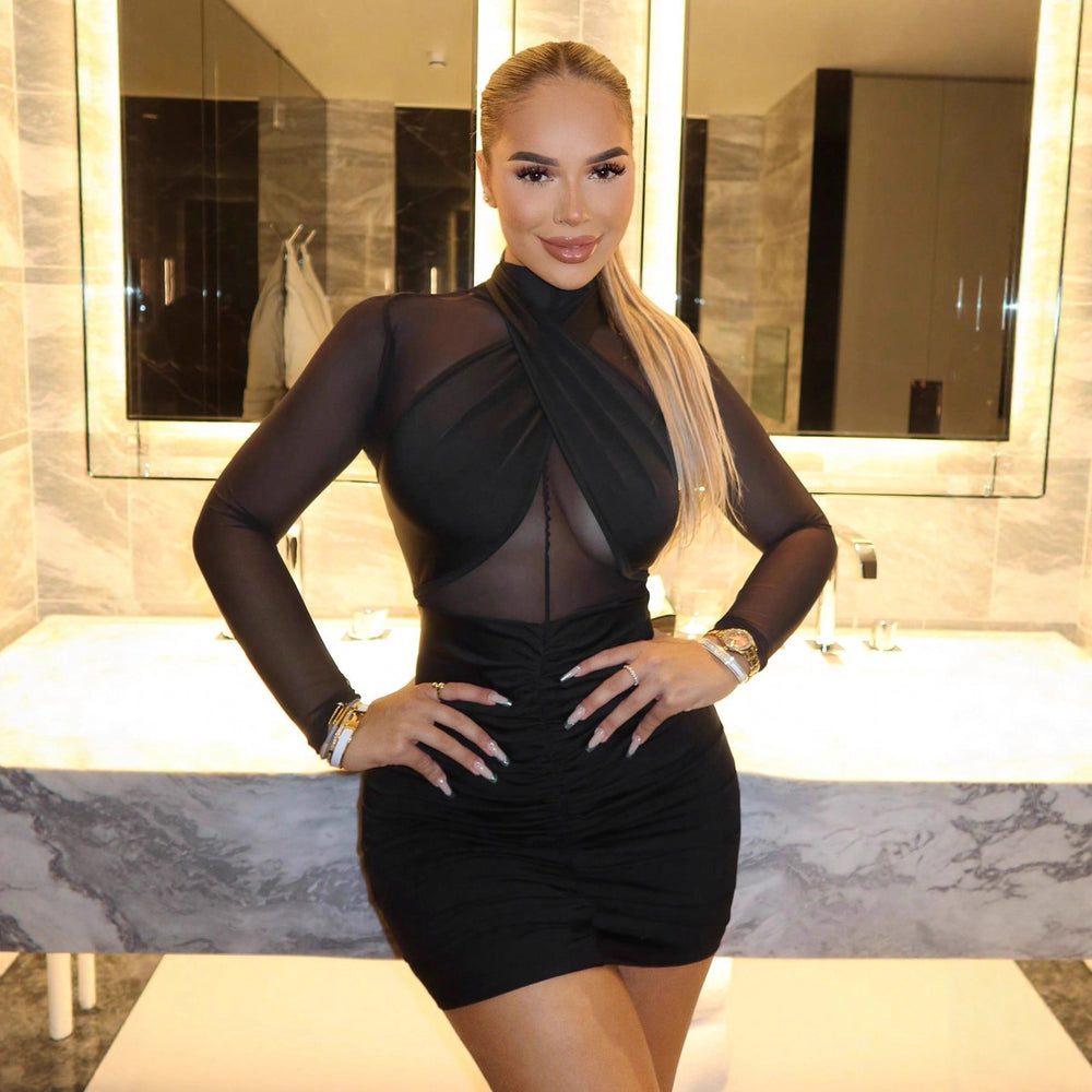 Spring & fall women's wrapped chest sexy mesh silm a-line hip covering dress elegantelegance  best selling