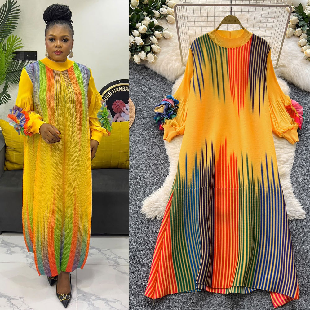 European and american chic gradient print dress - women's loose fit casual 3d floral lantern sleeve pleated maxi dress