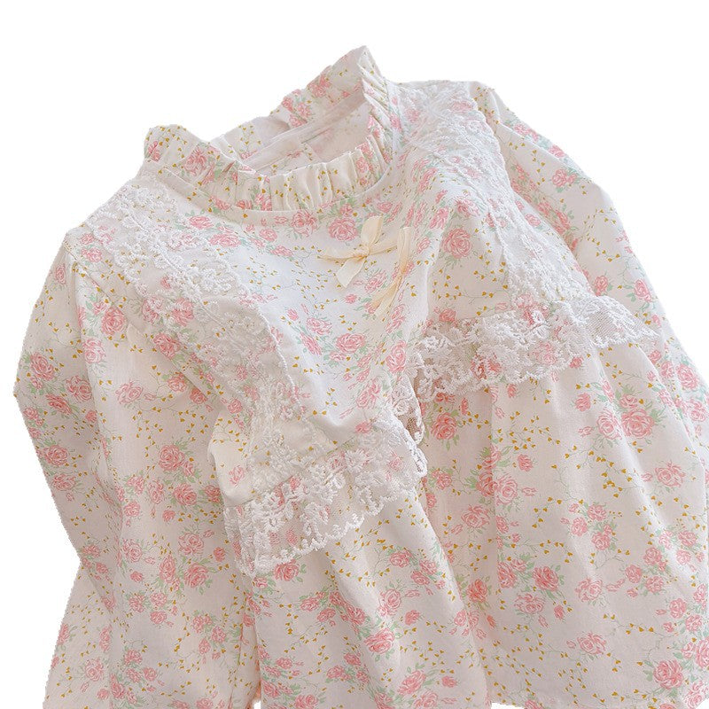 Girls' floral print babydoll top - new korean style, sweet french lace long sleeve cotton top, suitable for all seasons