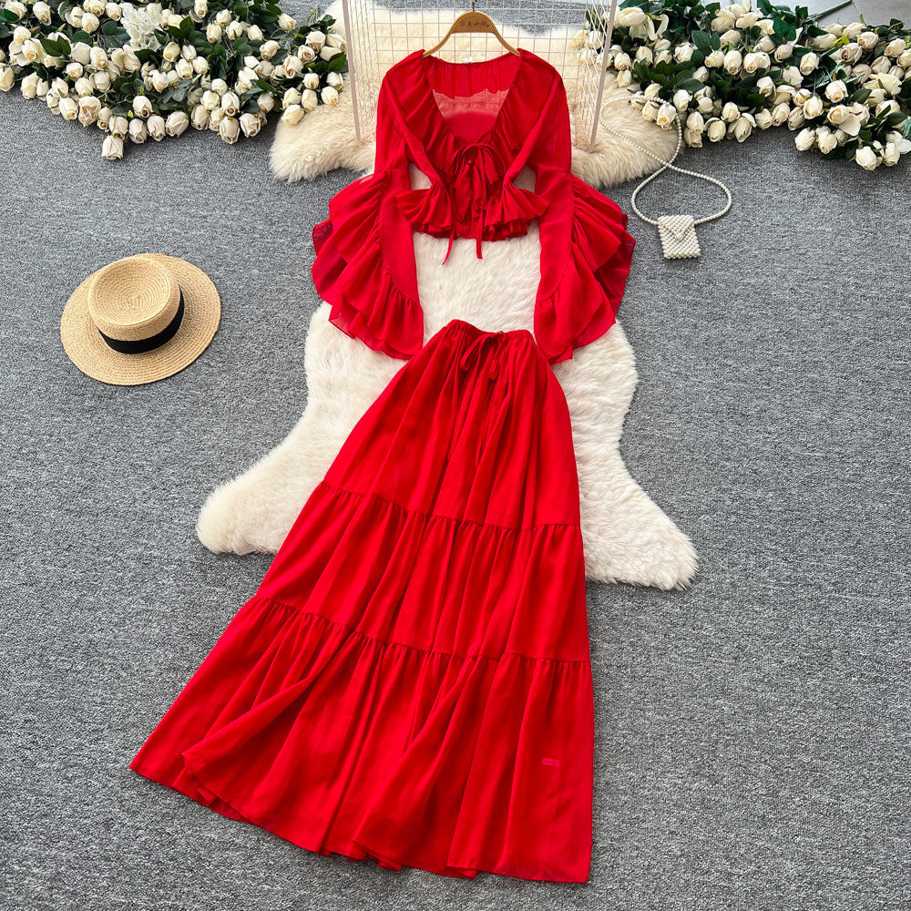 French riviera style red ruffle flare sleeve v-neck blouse and high-waisted midi skirt two-piece set - women's autumn chic
